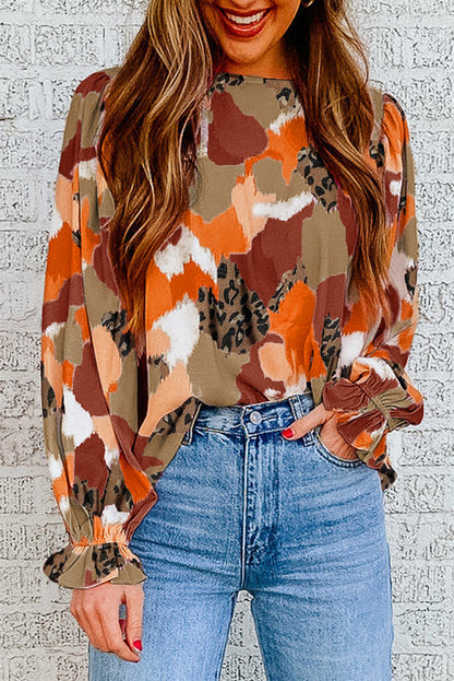 Abstract Leopard Print Puffy Sleeve Blouse