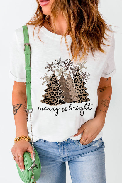 White Leopard Christmas Tree Graphic Crew Neck T Shirt