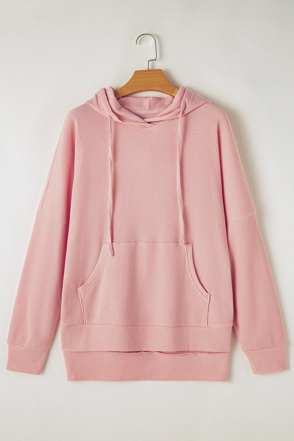 Light Pink Waffle Knit Fleece Lined High Low Oversized Hoodie