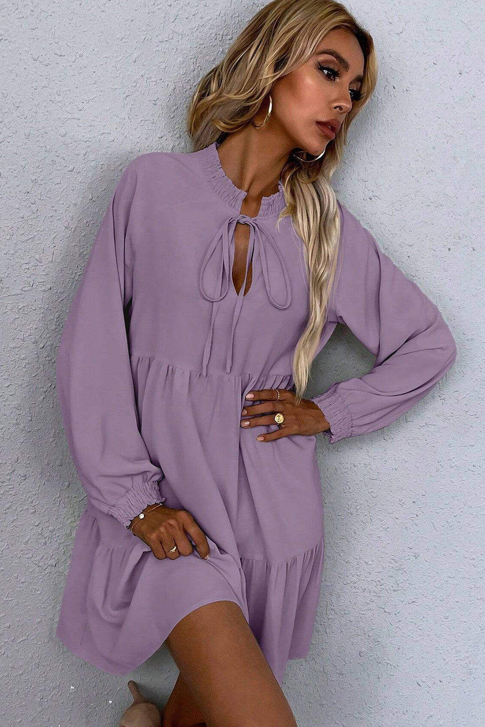 Lavendula Tie Split Neck Smocked Detail Long Puff Sleeve Ruffle Hem Loose Dress