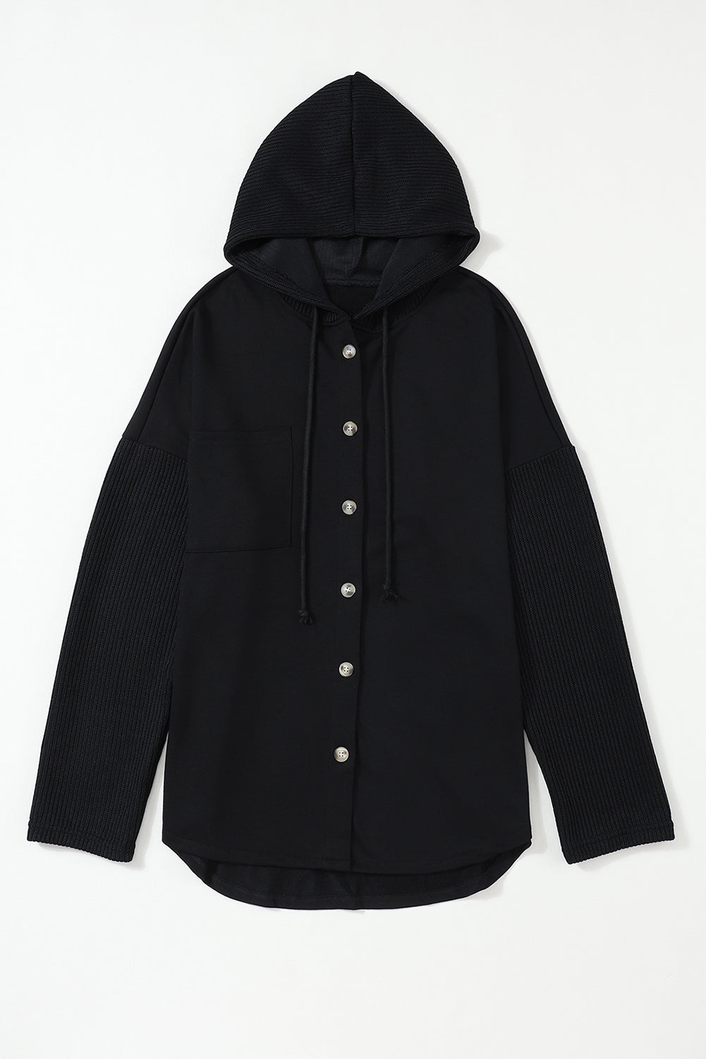 Black Button Up Contrast Knitted Sleeves Hooded Jacket