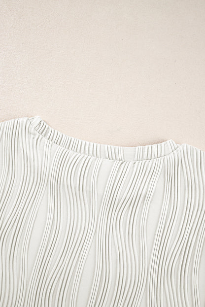 White Textured Wavy Round Neck Long Sleeve Top