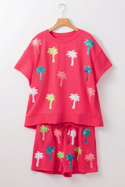 Strawberry Pink Two Piece Sequin Palm Trees Summer Short Set