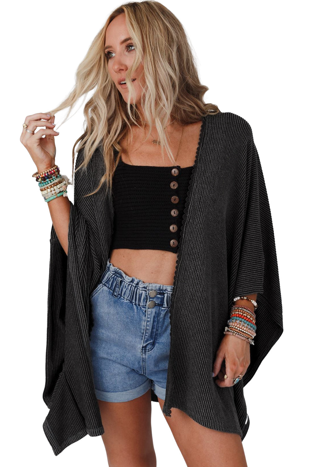 Black Lace Trim Ribbed Oversize Kimono