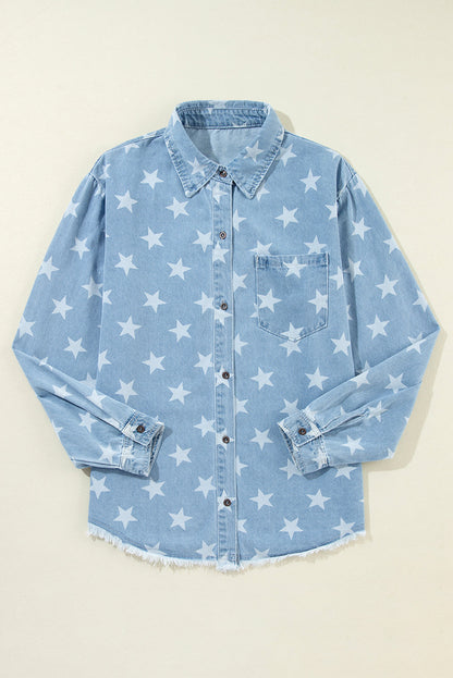 Sky Blue Star Print Light Wash Raw Hem Denim Jacket