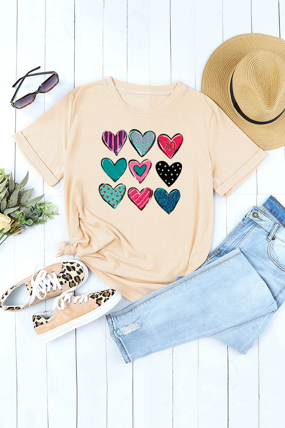 Khaki Valentines Multi Pattern Heart Shape Graphic T Shirt