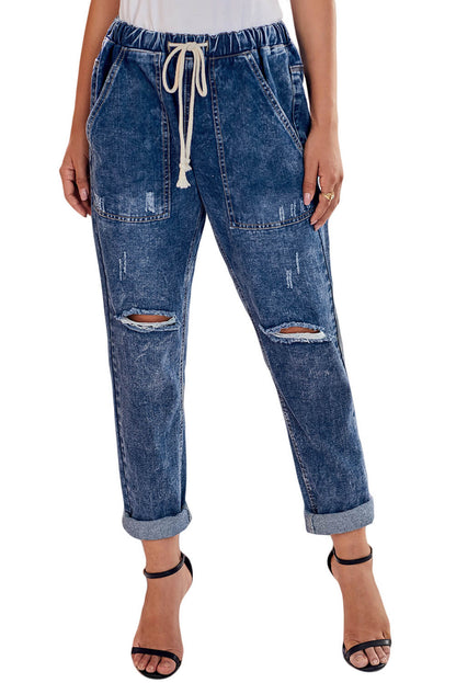 Women's Ripped Denim Trousers Straight Leg Pants