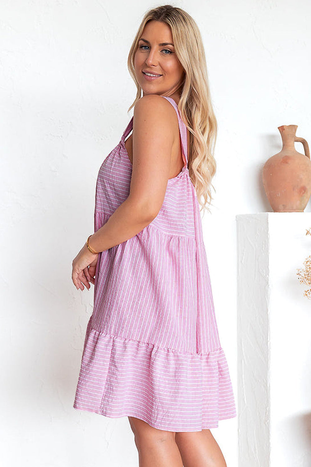 Pink Stripe Pinstriped Ruffled Hem Sleeveless Mini Flared Dress