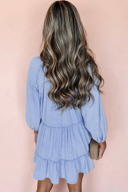 Beau Blue Puff Sleeve V Neck Tiered Ruffled Chambray Mini Dress