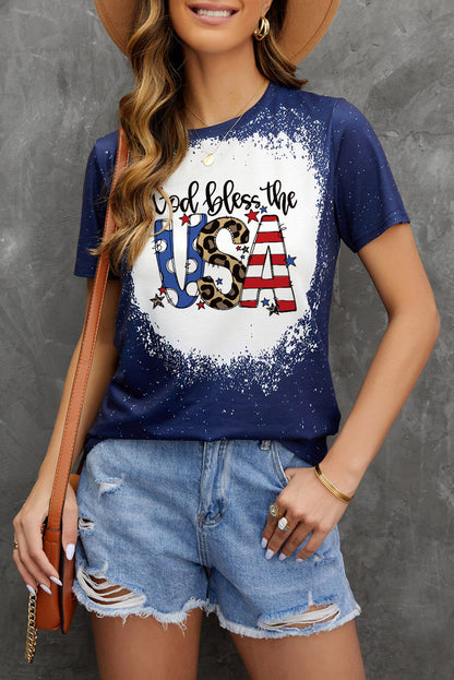 Blue God Bless the USA Print Tie Dye T-Shirt