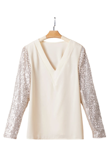 Glittering V-Neck Long Sleeve Sequin Top