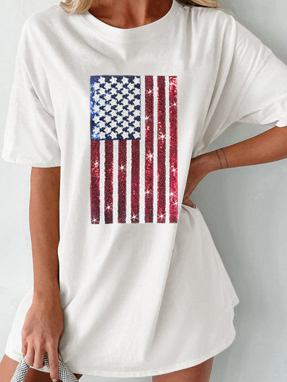 American Pride Sequined White Flag Oversized Crewneck Tee