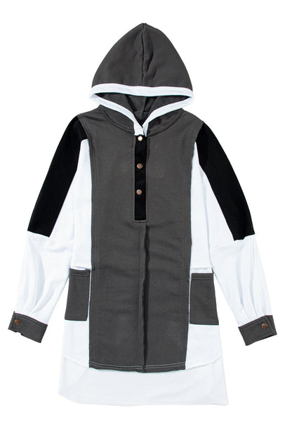 Black Color Block Exposed Seam Buttoned Neckline Hoodie