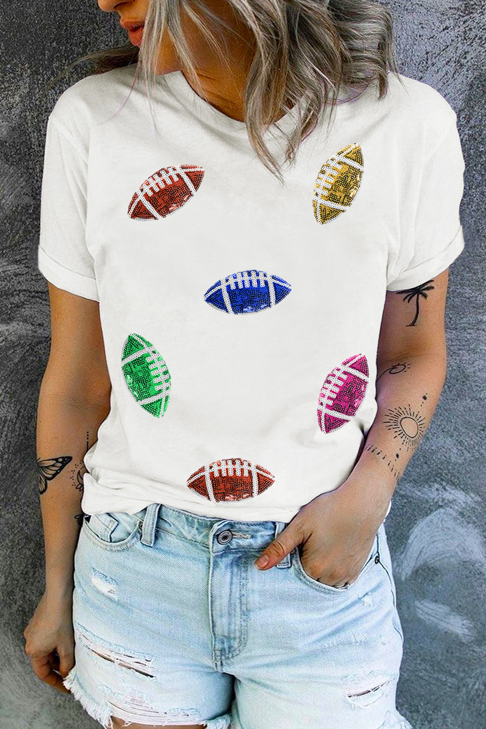 White Sequin Rugby Football Pattern Crewneck T Shirt