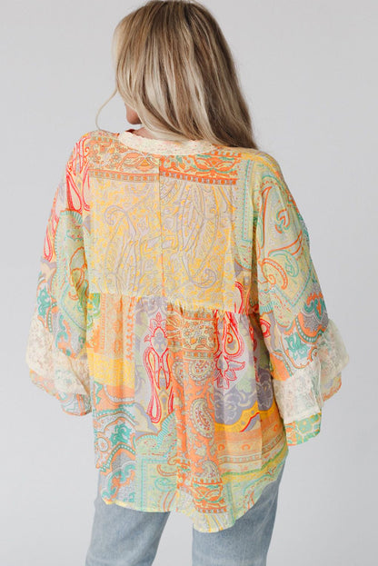 Vintage Map Print V-Neck Long Sleeve Blouse with Casual Flair