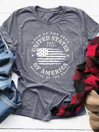 American Flag Print Gray Graphic Tee - Patriotic Short Sleeve T-Shirt