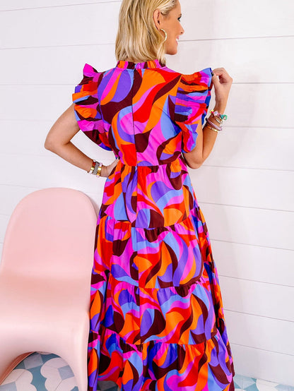 Abstract Multicolour Ruffled Sleeve Maxi Dress with Mock Neck