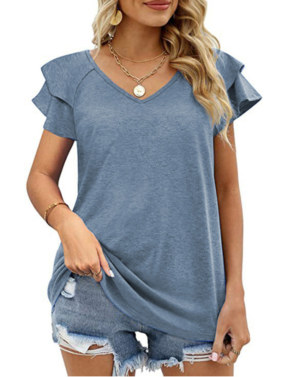 T-Shirts - Solid Color V-Neck Ruffled Sleeves Loose T-Shirt - MsDressly