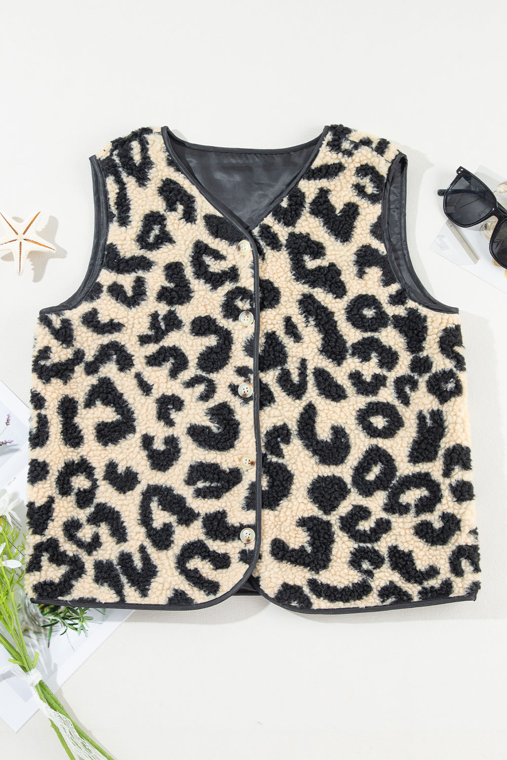 Black Leopard Print Sherpa Vest Coat