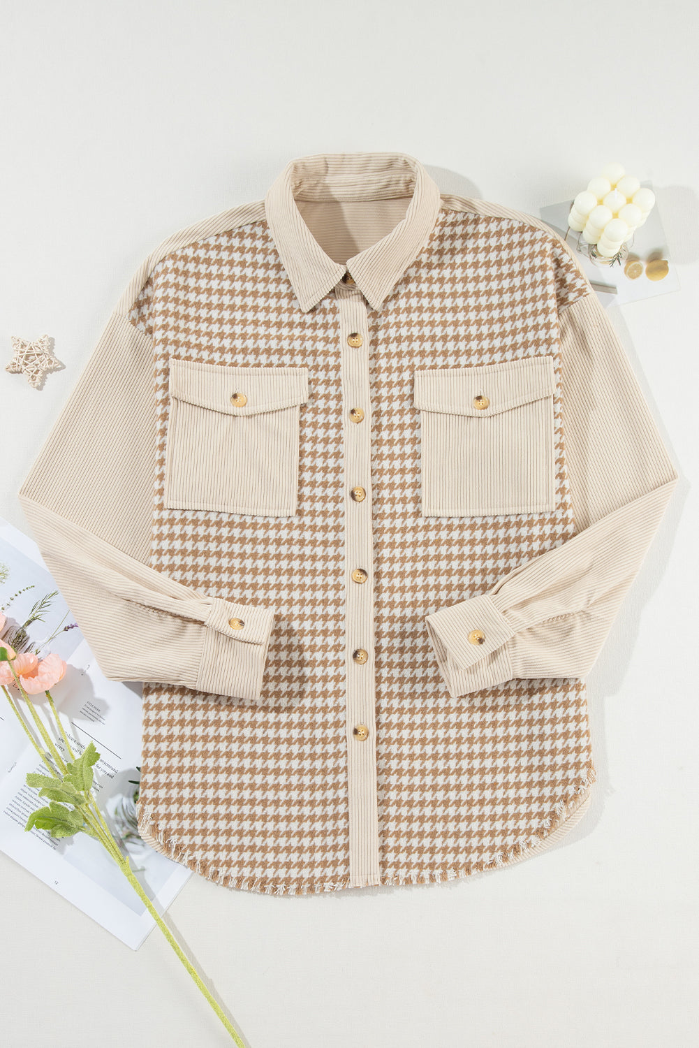 Parchment Houndstooth Corduroy Patchwork Flap Pocket Shacket