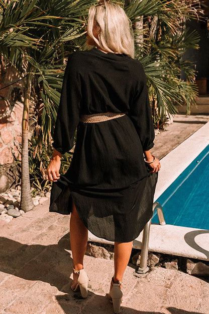 Black 3/4 Sleeve Button Up Long Kimono