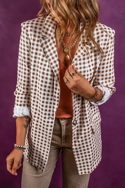 Chestnut Check Print Single Button Lapel Collar Blazer