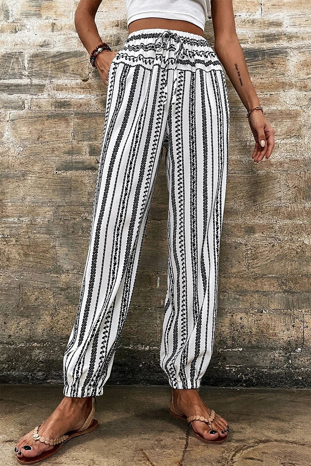 Black Stripe Boho Striped Print Casual Pants