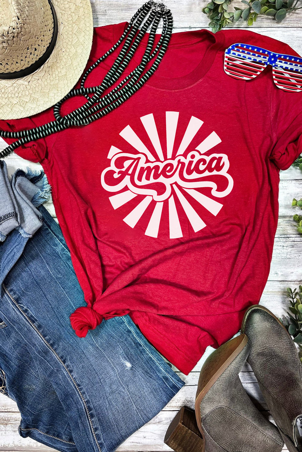 Fiery Red America Graphic Print Independence Day T Shirt