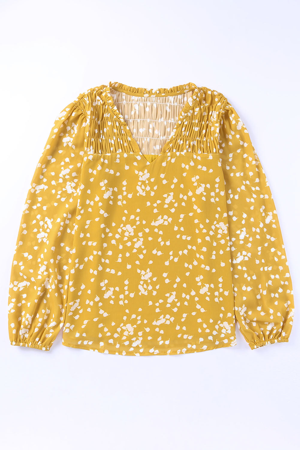 Yellow Floral V-Neck Crinkled Blouse for Early Fall