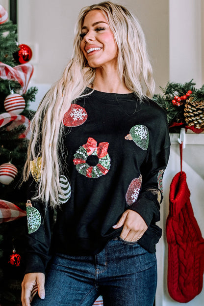 Black Sequined Christmas Graphic Pullover Sweatshirt