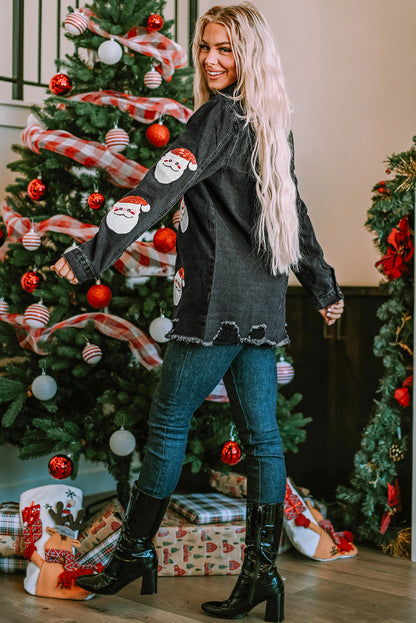 Black Sequined Santa Claus Graphic Frayed Denim Jacket