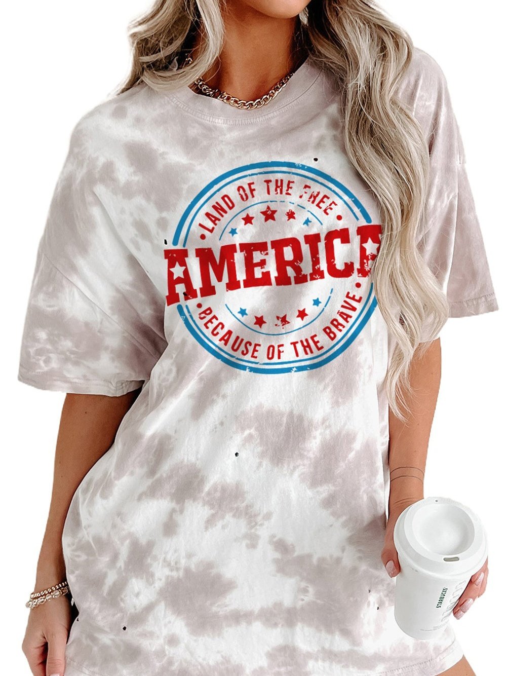 American Flag Distressed Tie-dye Graphic Tee - White Oversized Casual T-shirt