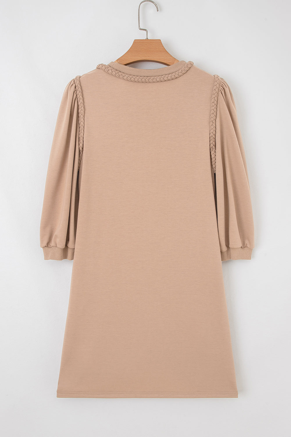 Light French Beige Braided Trim Round Neck 3/4 Sleeve Plus Size Shift T Shirt Dress