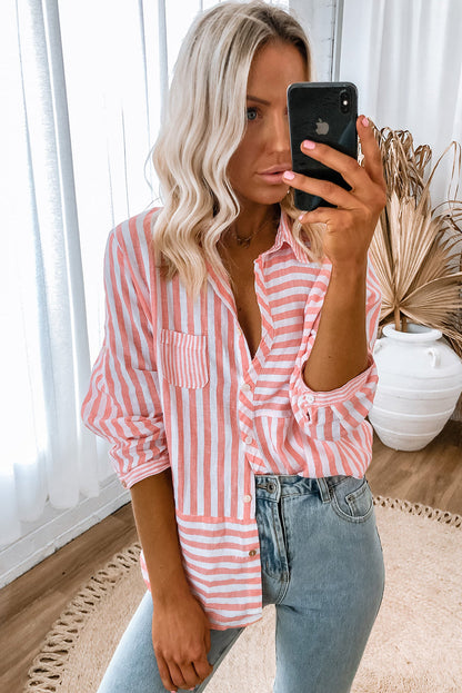 Pink Stripe Buttoned Long Sleeve Casual Shirt