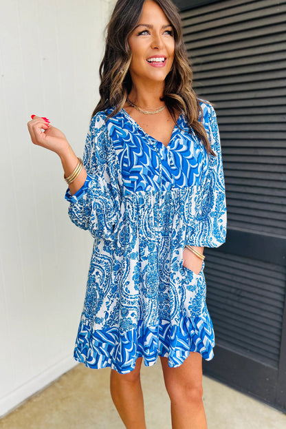 Sky Blue Bohemian Print Puff Sleeve Tied V Neck Flared Mini Dress