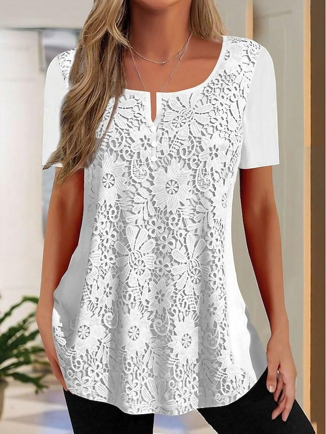 Women's Shirt Lace Shirt Blouse Plain Casual Lace White Short Sleeve Basic V Neck