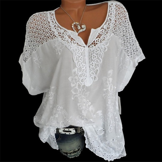 Women's Shirt Lace Shirt Blouse Eyelet top Plain Daily Going out Weekend Embroidered Black Short Sleeve Streetwear Basic Casual V Neck Summer Spring