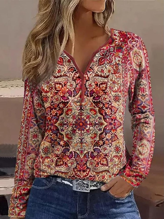 Women's T shirt Tee Henley Shirt Floral Holiday Weekend Button Print Pink Long Sleeve Elegant Fashion Daily V Neck Fall & Winter