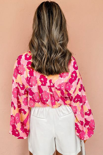 Pink Blooming Floral Print Puff Sleeve Buttoned Shirt