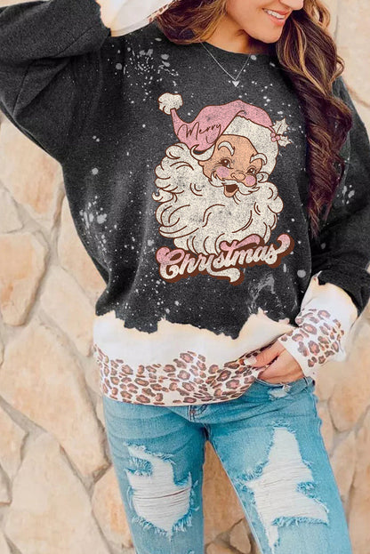 Black Christmas Santa Claus Leopard Print Graphic Sweatshirt