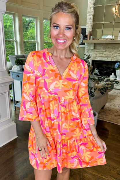 Orange Abstract Print Ruffled Sleeve V Neck Dress