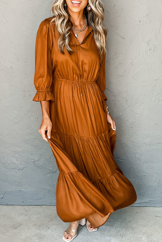 Gold Flame Flounce Bracelet Sleeve V Neck Tiered Maxi Dress
