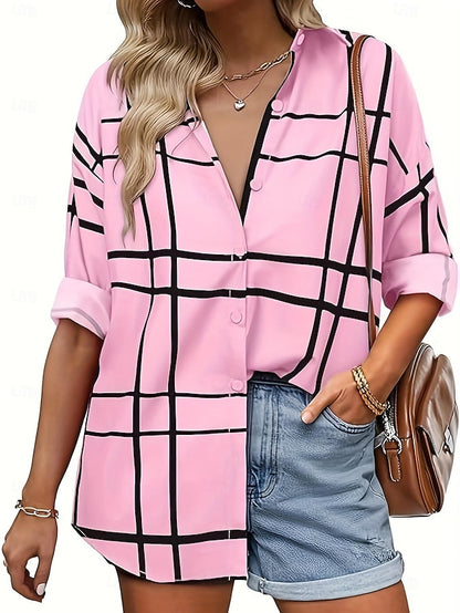 Women's Shirt Blouse Plaid Daily Button Print Pink Long Sleeve Casual Shirt Collar Spring & Summer