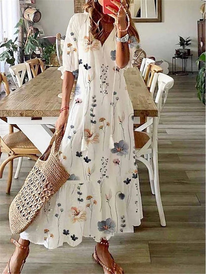 Women's Long Dress Maxi Dress Casual Dress A Line Dress Summer Dress Floral Fashion Casual Outdoor Daily Vacation Print Half Sleeve V Neck Dress Loose Fit White Yellow Summer Spring S M L XL XXL - LuckyFash™