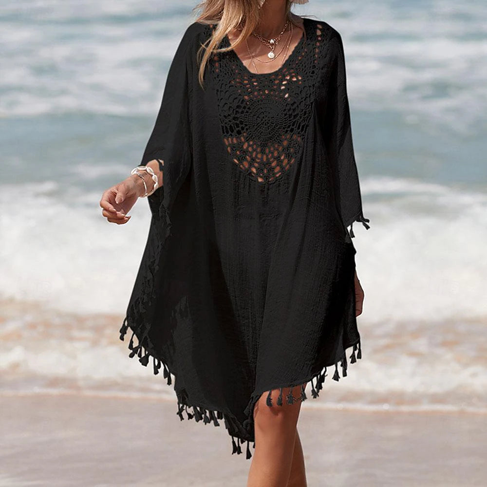 Women's Summer Dress Cover Up Tassel Cut Out Beach Wear Holiday Sleeveless Black White Blue Color