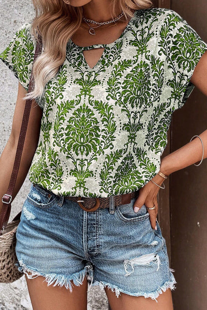 Green Allover Plant Print Bat Sleeve Cut out Neck T Shirt