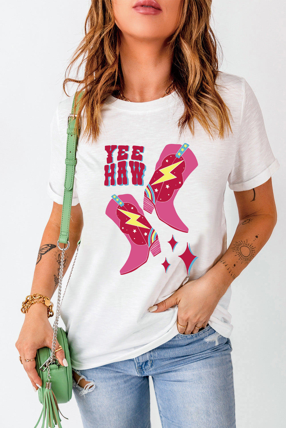 YEE HAW Western Boots Graphic Tee in White