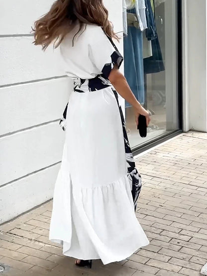 Women's Shirt Dress Floral Color Block Lace up Ruffle Shirt Collar Long Dress Maxi Dress Daily Vacation Short Sleeve Fall Winter