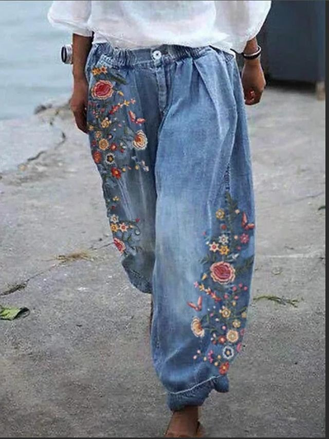 Women's Joggers Pants Trousers Baggy Faux Denim Mid Waist Fashion coastal grandma style Casual Weekend Print Micro-elastic Full Length Comfort Flower / Floral - LuckyFash™