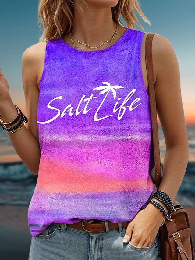 Women's Tank Top Gradient Pink Yellow Beach Palm Tree Graphic Print Casual Vacation Sleeveless Tropical Crew Neck Summer